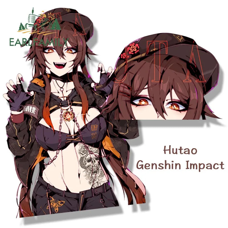 EARLFAMILY Tattoo Girl Hutao Fanart Peeker Car Sticker Anime Genshin Impact Sketch Waifu Decal JDM Cartoon Graffiti Stickers
