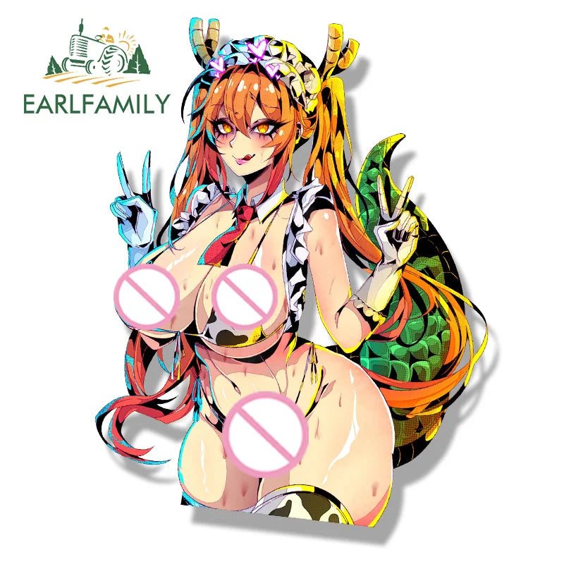 EARLFAMILY Ahegao Tohru Fanart Car Sticker Anime Waifu Decal JDM Heart Eyes Peek Girl Stickers Racing Graffiti Car Accessories