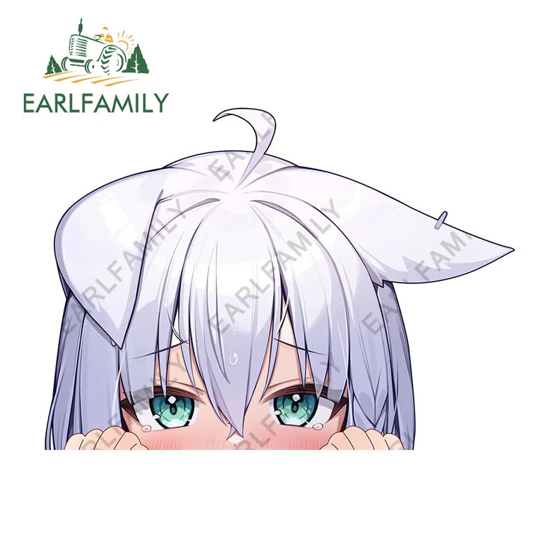 EARLFAMILY 13cm Anime Fubuki Peeker Sticker Big Head Vinyl Cartoon Car Sticker JDM Rear Windshield Trunk Peek Decals Graphics