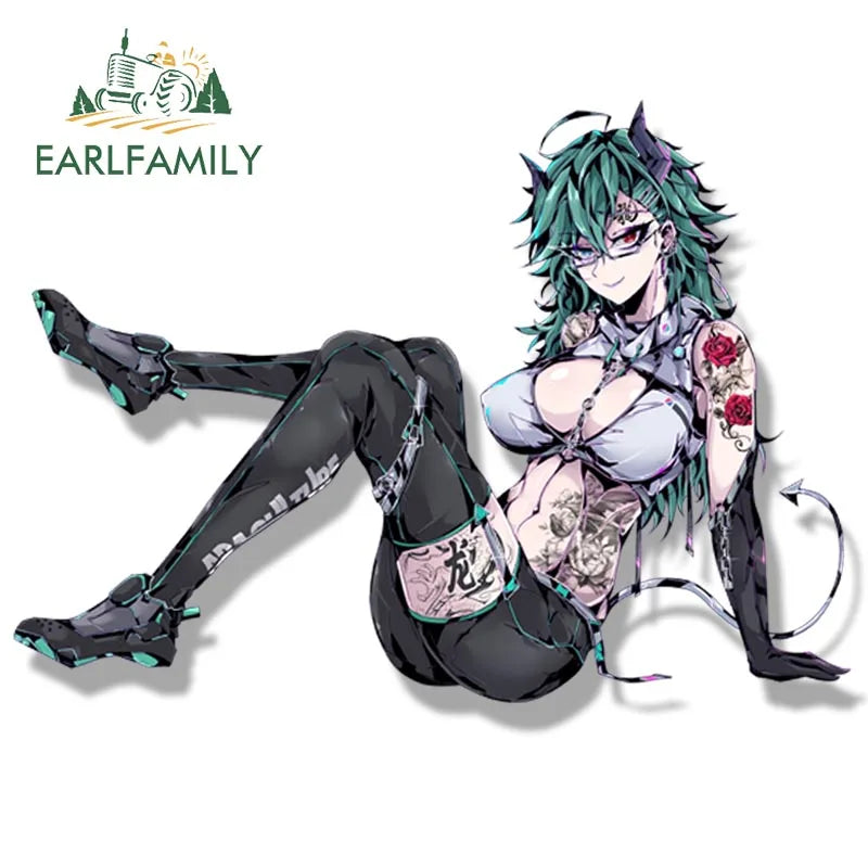 EARLFAMILY Streetwear Tattoos Aruna Car Sticker Anime Sketch Waifu Decal Window Decor JDM Cartoon Peeker Girl Fanart Stickers