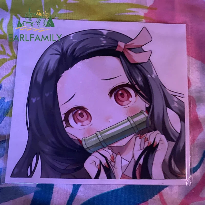 EARLFAMILY Cartoon Car Sticker for Nezuko Kamado Peeker Big Head Anime Vinyl JDM Rear Windshield Trunk Stickers