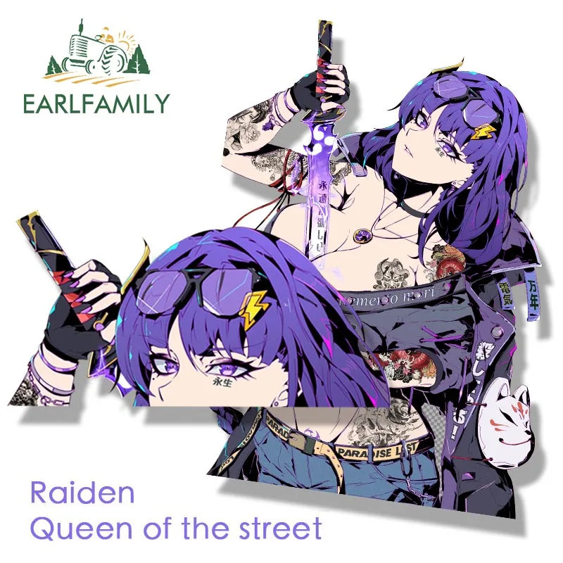 EARLFAMILY Raiden Shogun of The Street Tattoo Car Sticker Anime Genshin Impact Fanart Peek Decal JDM Cartoon Waifu Stickers