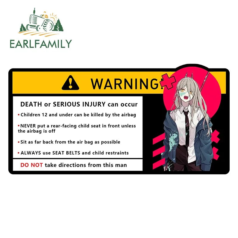 EARLFAMILY Makima Power Car Sticker Warning Decal Cartoon Denji Anime Pochita Vinyl JDM Window Trunk Bumper Sticker