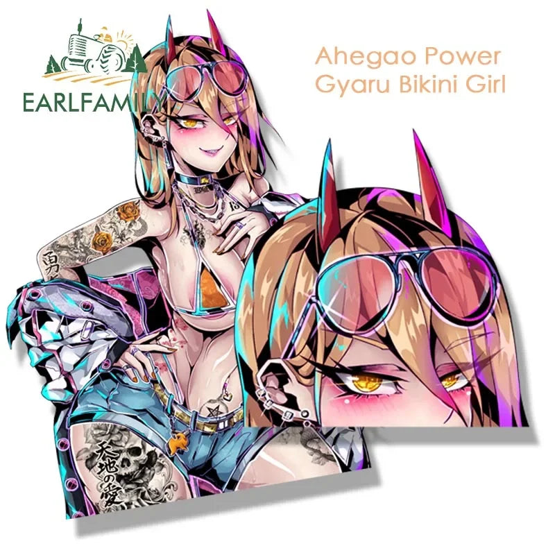 EARLFAMILY Gyaru Bikini Power Car Sticker Anime Fanart Waifu Decal JDM Window Trunk Decor Cartoon Peek Girl Stickers Car Wrap