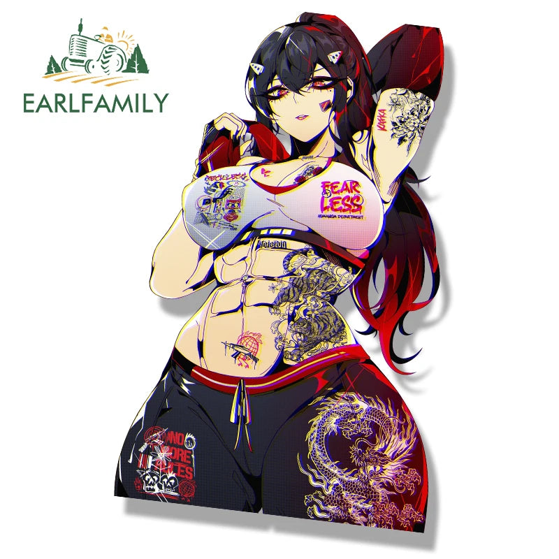 EARLFAMILY Gyaru Ashiro Mina Fanart Car Sticker Tattoo Girl Chibi Big Head Waifu Fear Less Decal JDM Cartoon Peeker Slap Sticker