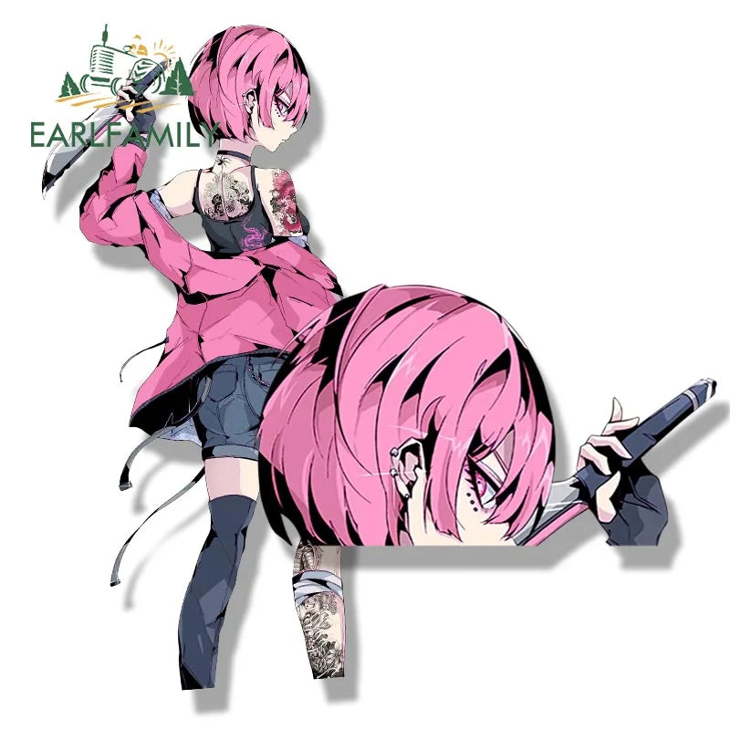 EARLFAMILY Street Punk Rem & Ram Fanart Car Sticker Anime Waifu Decal JDM Cartoon Peek Girl Stickers Funny Car Styling