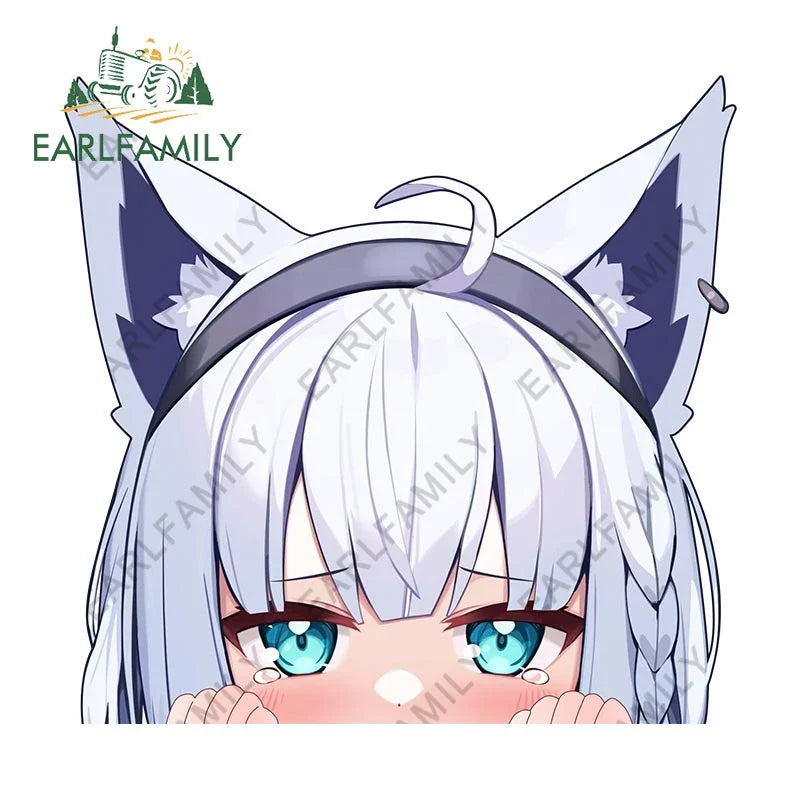 EARLFAMILY 13cm Anime Fubuki Peeker Sticker Big Head Vinyl Cartoon Car Sticker JDM Rear Windshield Trunk Peek Decals Graphics