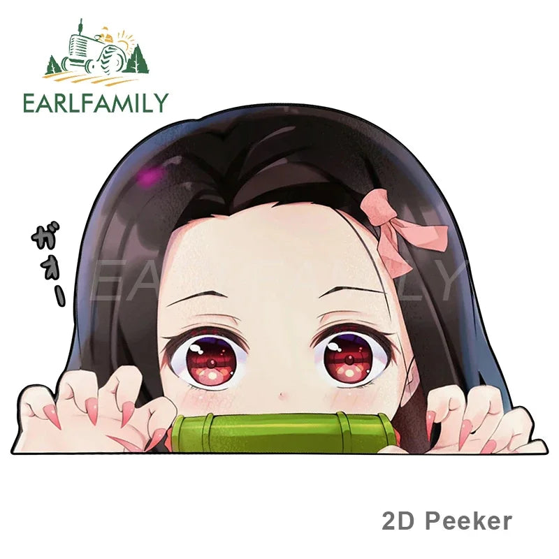 EARLFAMILY Cartoon Car Sticker for Nezuko Kamado Peeker Big Head Anime Vinyl JDM Rear Windshield Trunk Stickers