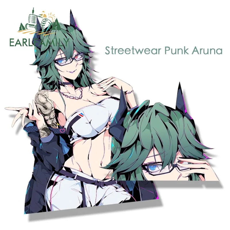EARLFAMILY Streetwear Tattoos Aruna Car Sticker Anime Sketch Waifu Decal Window Decor JDM Cartoon Peeker Girl Fanart Stickers