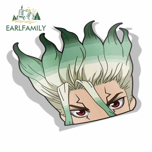 EARLFAMILY 13cm x 10.7cm for Senku Peek Anime Big Head Vinyl Car Sticker JDM Window Trunk Decal Car Styling Accessories