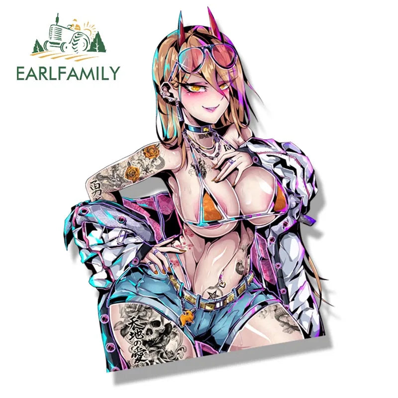 EARLFAMILY Gyaru Bikini Power Car Sticker Anime Fanart Waifu Decal JDM Window Trunk Decor Cartoon Peek Girl Stickers Car Wrap