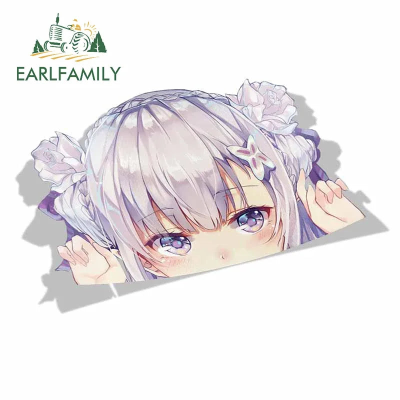 EARLFAMILY Cartoon Car Sticker for Emilia Peeker Big Head Anime Vinyl JDM Window Trunk Laptop Wall Decal Car Accessories