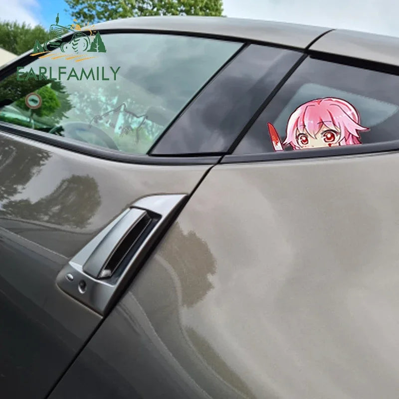 EARLFAMILY Yuno Gasai Peeker Car Sticker Anime Big Head Vinyl Rear Windshield Trunk Decal Car Accessories