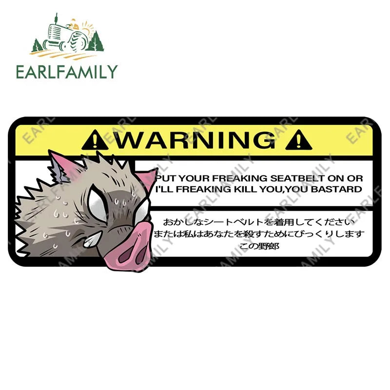 EARLFAMILY 15cm x 5.7cm Cartoon Inosuke Car Sticker for We Die Like Real Men! Warning Decal Anime Car Accessories JDM Stickers