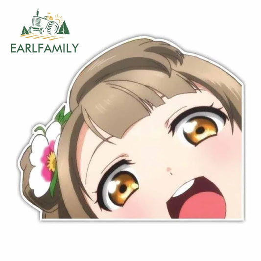 EARLFAMILY 13cm x 11cm Cartoon Girl Peek Big Head Anime Waifu Vinyl Car Sticker JDM Window Decal Waterproof Car Accessories
