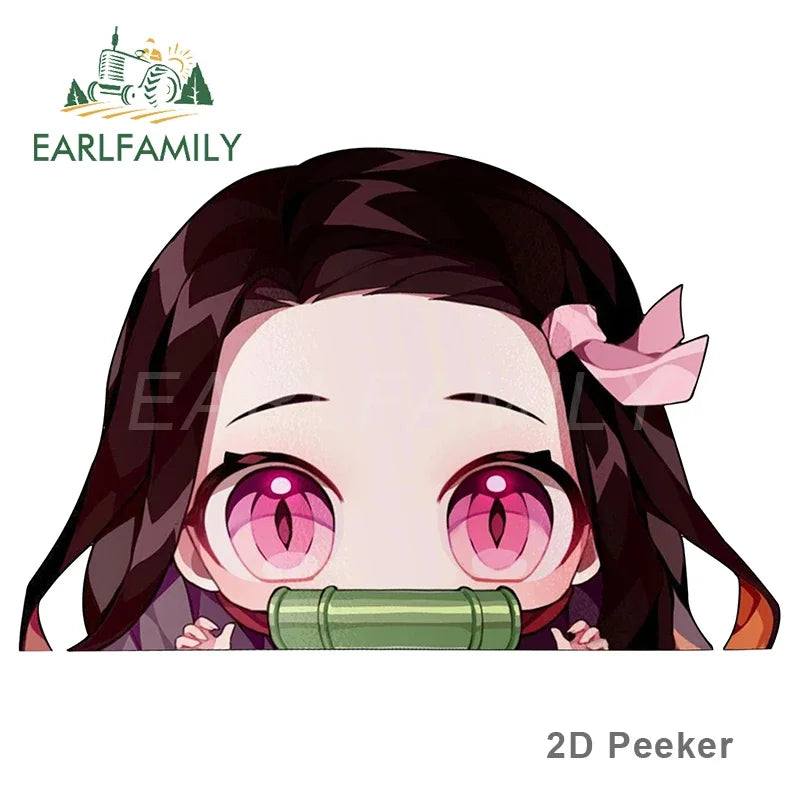 EARLFAMILY Cartoon Car Sticker for Nezuko Kamado Peeker Big Head Anime Vinyl JDM Rear Windshield Trunk Stickers