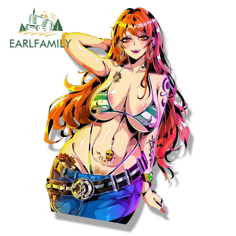 EARLFAMILY Bikini Nami Fanart Car Sticker Anime Pirate King Tattoo Girl Decal JDM Cartoon Peeker Graffiti Sexy NSFW Stickers