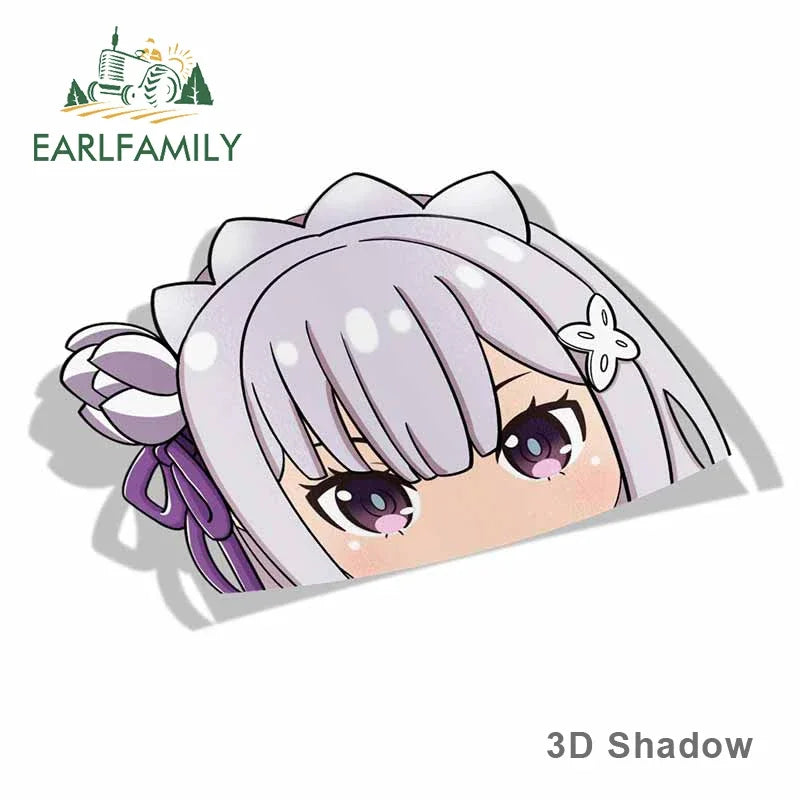 EARLFAMILY Cartoon Car Sticker for Emilia Peeker Big Head Anime Vinyl JDM Window Trunk Laptop Wall Decal Car Accessories