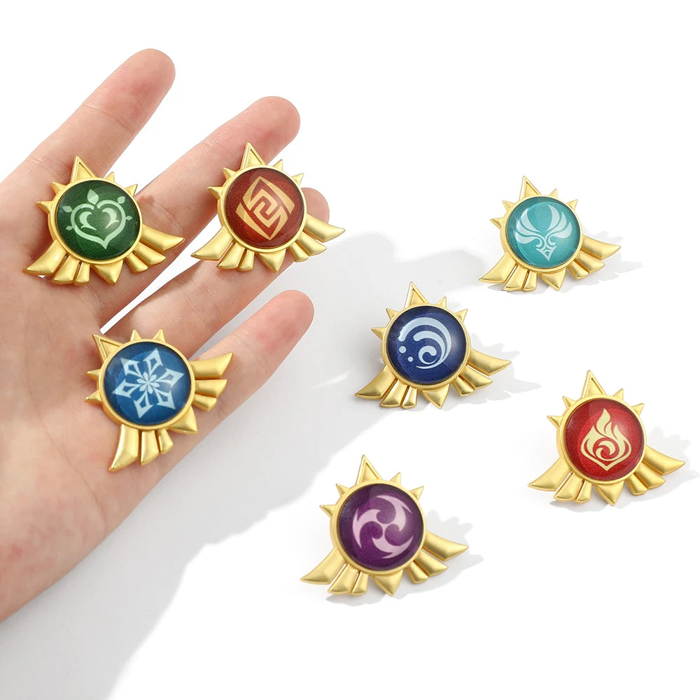 Genshin Impact Brooch – Luminous 7 Element Vision Badge, Metal Anime Pin Prop for Cosplay, Collectible & Gifts