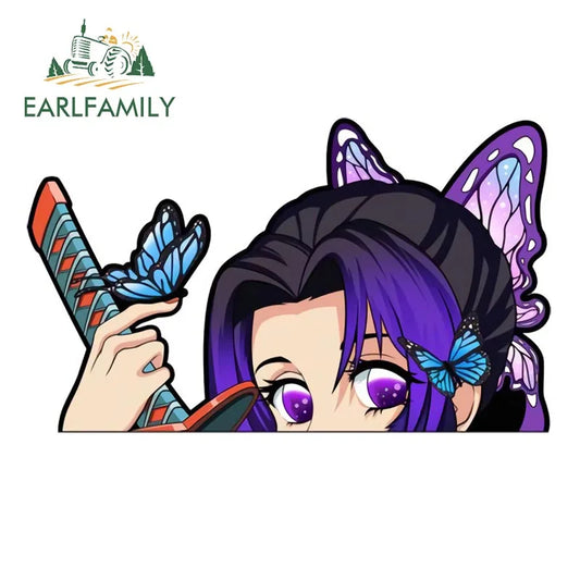 EARLFAMILY 13cm x 6cm Butterfly Dance Peeker Kochou Shinobu Car Sticker JDM Car Door Windows Decal Cartoon Car Accessories