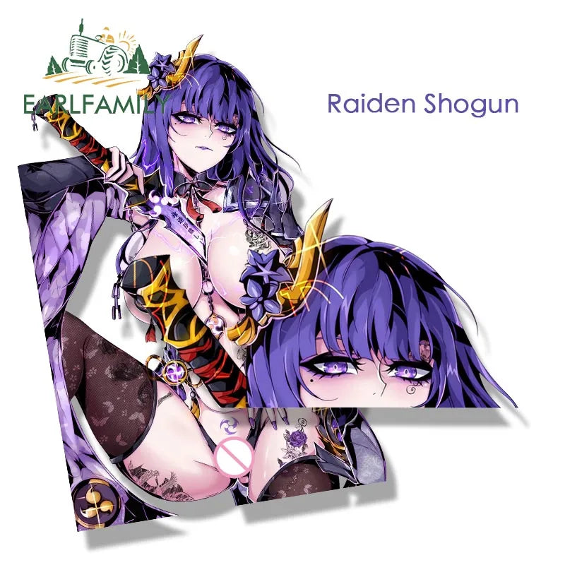 EARLFAMILY Raiden Shogun of The Street Tattoo Car Sticker Anime Genshin Impact Fanart Peek Decal JDM Cartoon Waifu Stickers