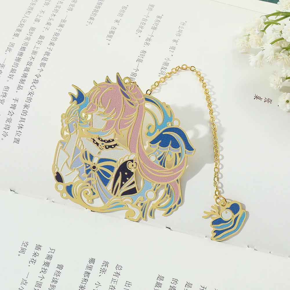 Genshin Impact Metal Bookmarks – Elegant Hollow-Out Chain Pendant, Collectible Souvenir Gift