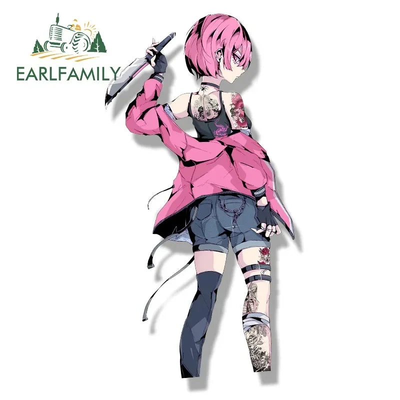 EARLFAMILY Street Punk Rem & Ram Fanart Car Sticker Anime Waifu Decal JDM Cartoon Peek Girl Stickers Funny Car Styling