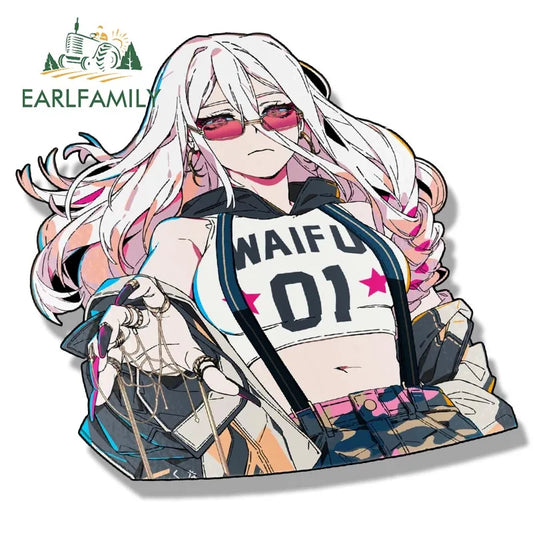 EARLFAMILY Gothic Punk Girl Peek Car Sticker Cartoon Anime Waifu Sketch Fanart Decal JDM Funny Peeker Stickers Car Graphics