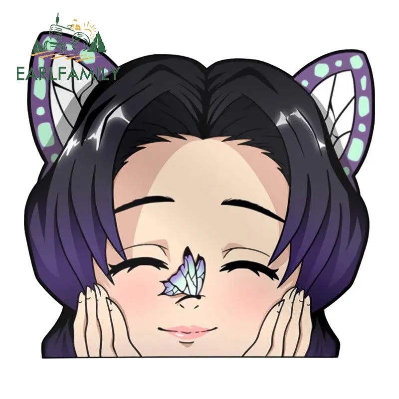 EARLFAMILY 13cm x 6cm Butterfly Dance Peeker Kochou Shinobu Car Sticker JDM Car Door Windows Decal Cartoon Car Accessories