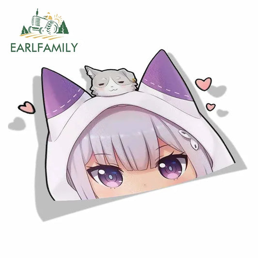 EARLFAMILY Cartoon Car Sticker for Emilia Peeker Big Head Anime Vinyl JDM Window Trunk Laptop Wall Decal Car Accessories