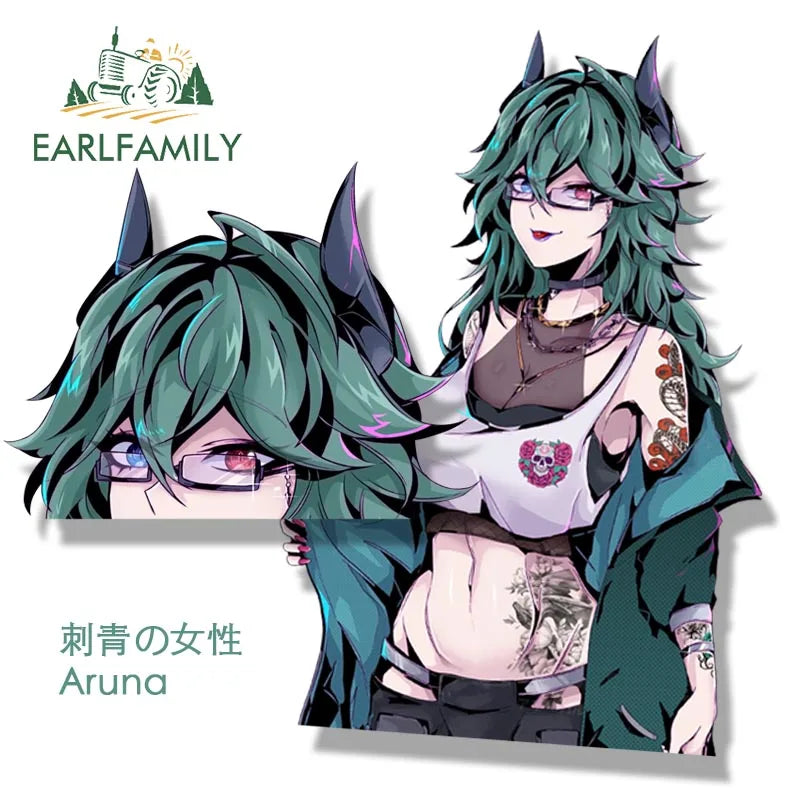 EARLFAMILY Streetwear Tattoos Aruna Car Sticker Anime Sketch Waifu Decal Window Decor JDM Cartoon Peeker Girl Fanart Stickers