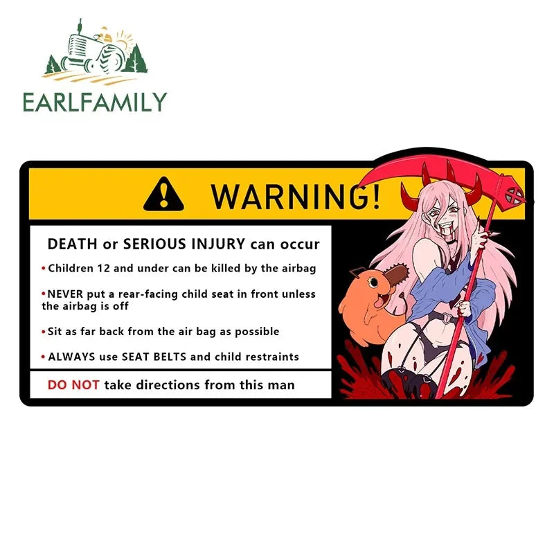 EARLFAMILY Makima Power Car Sticker Warning Decal Cartoon Denji Anime Pochita Vinyl JDM Window Trunk Bumper Sticker