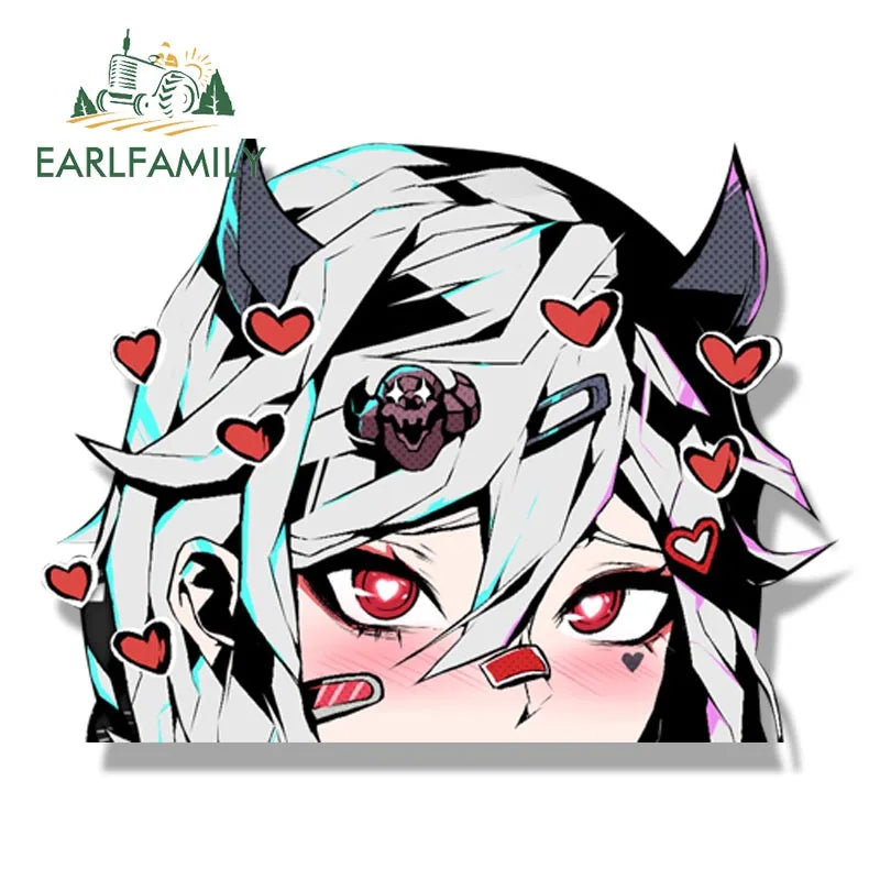 EARLFAMILY Punk Modeus From Helltaker Peeker Car Sticker Cartoon Streetwear Decal Waifu Fanart JDM Peek Stickers Car Accessories
