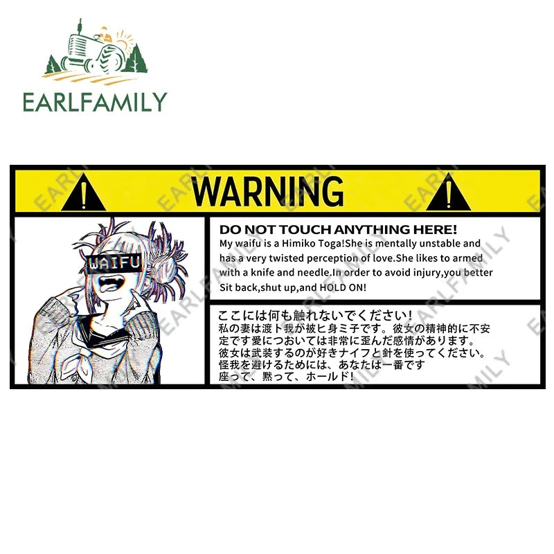EARLFAMILY 13cm x 7.5cm Himiko Toga Warning Slap Stickers Anime Vinyl Car Sticker Window Decal Car Accessories