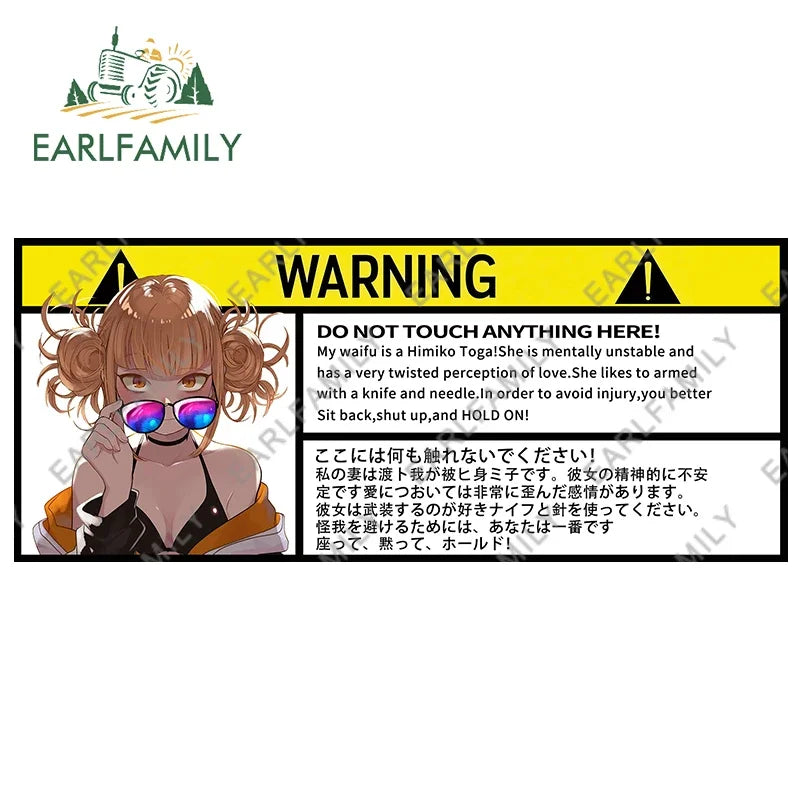 EARLFAMILY 13cm x 7.5cm Himiko Toga Warning Slap Stickers Anime Vinyl Car Sticker Window Decal Car Accessories