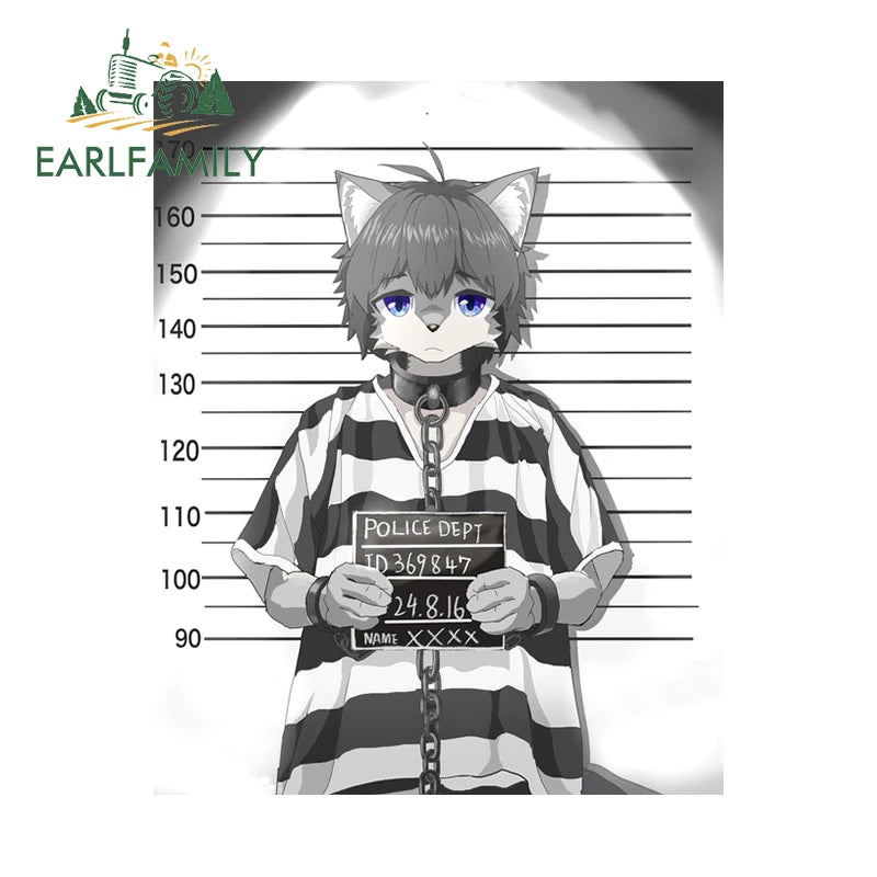 EARLFAMILY 13cm x 10.4cm Furry Prisoner Car Sticker Police Dept ID 369847 Prison Window Trunk Decal JDM Cartoon Car Styling