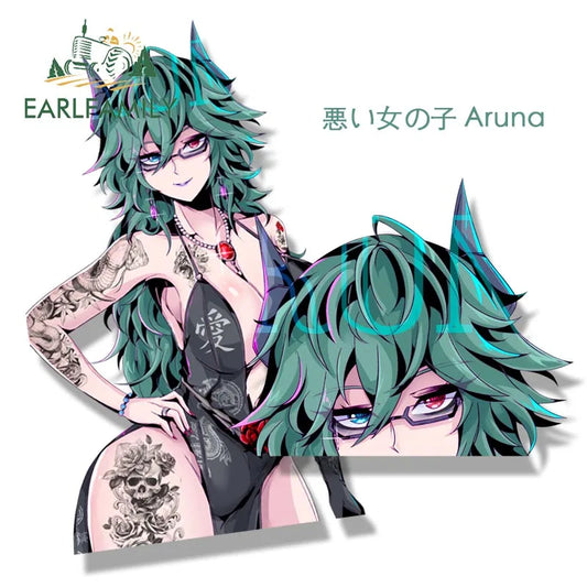 EARLFAMILY Streetwear Tattoos Aruna Car Sticker Anime Sketch Waifu Decal Window Decor JDM Cartoon Peeker Girl Fanart Stickers