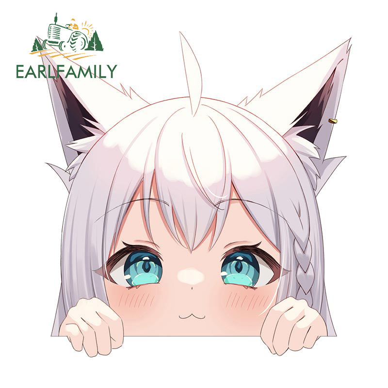 EARLFAMILY 13cm Anime Fubuki Peeker Sticker Big Head Vinyl Cartoon Car Sticker JDM Rear Windshield Trunk Peek Decals Graphics