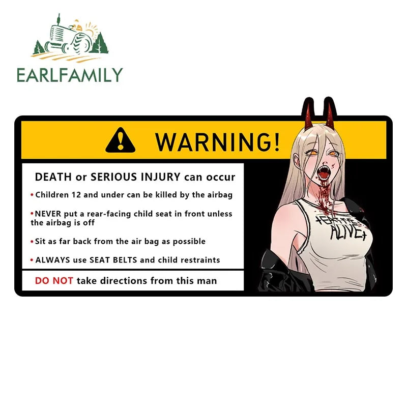 EARLFAMILY Makima Power Car Sticker Warning Decal Cartoon Denji Anime Pochita Vinyl JDM Window Trunk Bumper Sticker