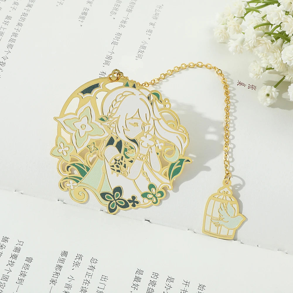 Genshin Impact Metal Bookmarks – Elegant Hollow-Out Chain Pendant, Collectible Souvenir Gift