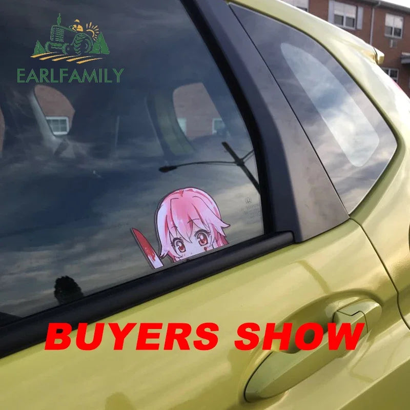EARLFAMILY Yuno Gasai Peeker Car Sticker Anime Big Head Vinyl Rear Windshield Trunk Decal Car Accessories