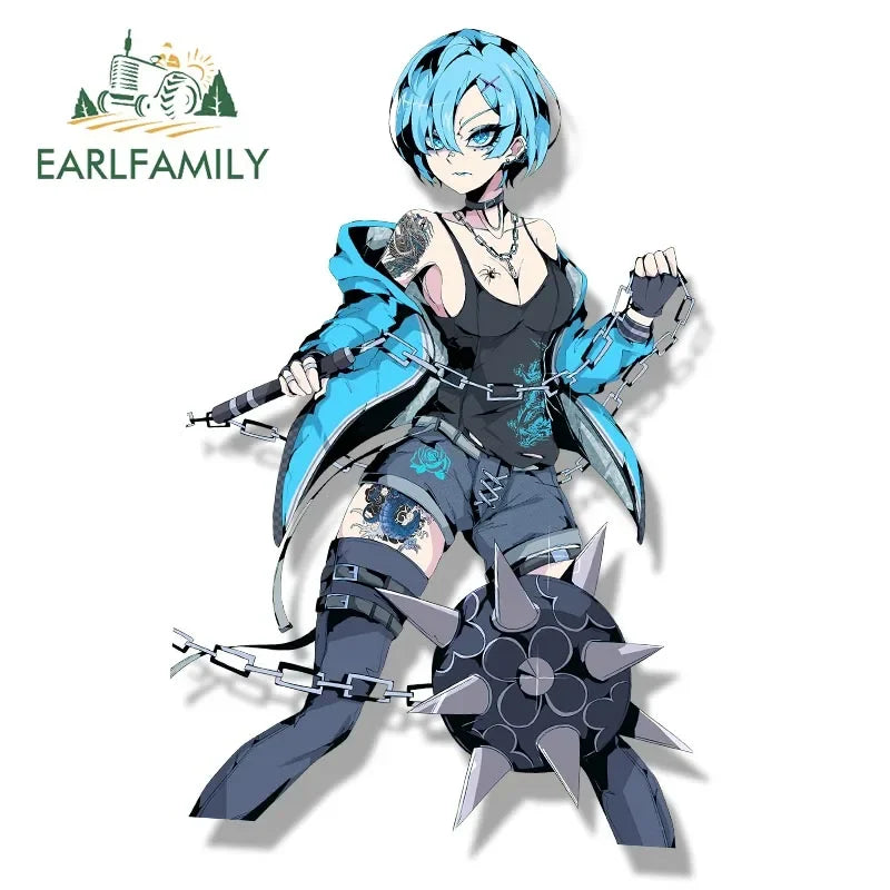 EARLFAMILY Street Punk Rem & Ram Fanart Car Sticker Anime Waifu Decal JDM Cartoon Peek Girl Stickers Funny Car Styling