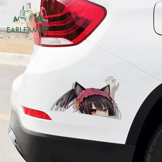 EARLFAMILY Cartoon Car Sticker for Kurumi Tokisaki Peeker Big Head Anime Vinyl Window Trunk Stickers Car Accessories