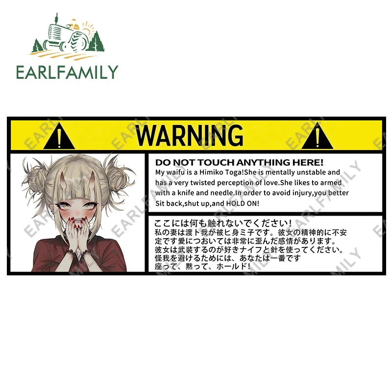 EARLFAMILY 13cm x 7.5cm Himiko Toga Warning Slap Stickers Anime Vinyl Car Sticker Window Decal Car Accessories
