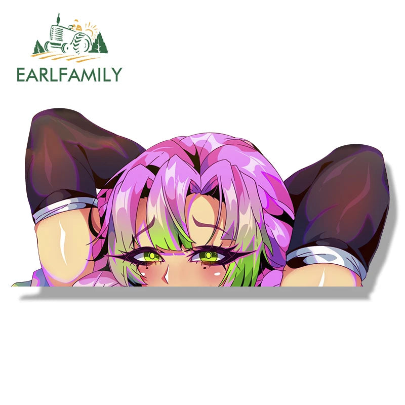 EARLFAMILY Ahegao Kanroji Mitsuri Fanart Car Sticker Anime Chibi Big Head Waifu Decal NSFW Cartoon Peek Girl Slap Stickers