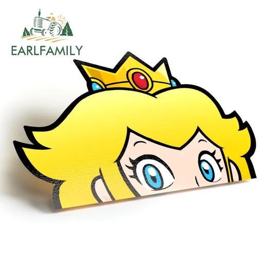 EARLFAMILY 13cm x 9.7cm Cartoon Princess Peach Peeker Car Sticker Chibi Big Head Flower Princess Decal JDM Car Window Decoration