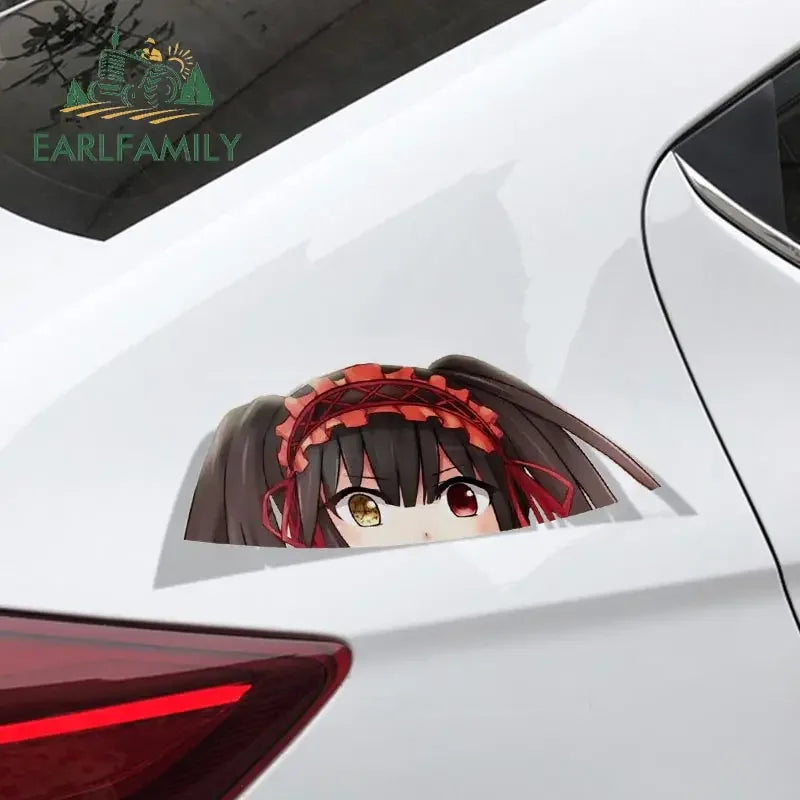 EARLFAMILY Cartoon Car Sticker for Kurumi Tokisaki Peeker Big Head Anime Vinyl Window Trunk Stickers Car Accessories
