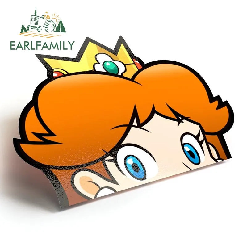 EARLFAMILY 13cm x 9.7cm Cartoon Princess Peach Peeker Car Sticker Chibi Big Head Flower Princess Decal JDM Car Window Decoration