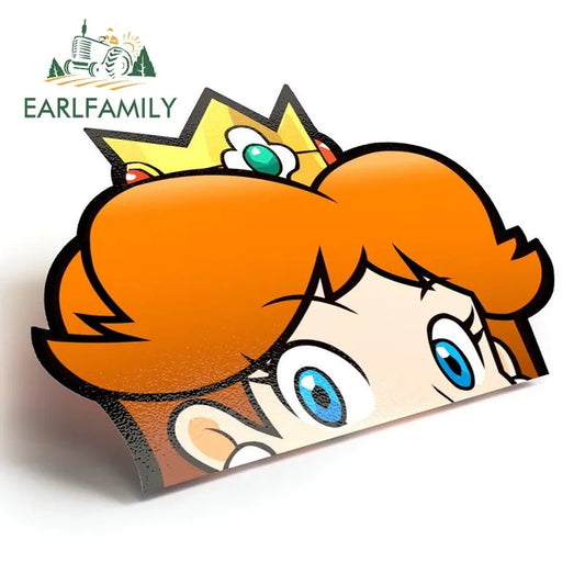 EARLFAMILY 13cm x 9.7cm Cartoon Princess Peach Peeker Car Sticker Chibi Big Head Flower Princess Decal JDM Car Window Decoration