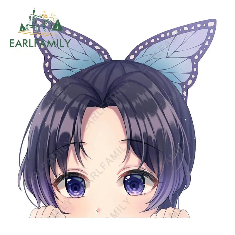 EARLFAMILY 13cm x 6cm Butterfly Dance Peeker Kochou Shinobu Car Sticker JDM Car Door Windows Decal Cartoon Car Accessories